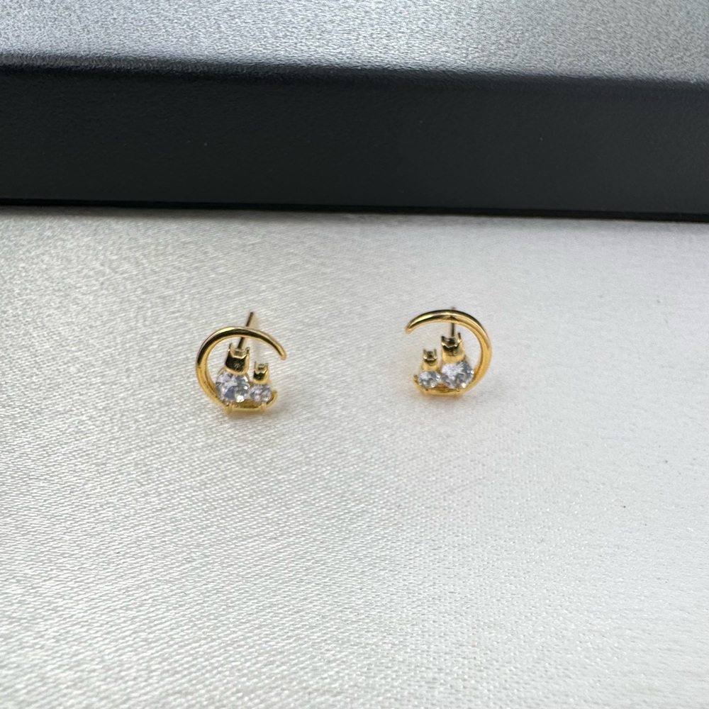 Small CZ Moon Cat Stud Earrings for Women